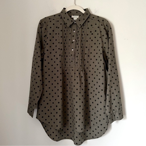 SUNDANCE Woven Lively Days Tunic Shirt Khaki Polka Dot Pintuck Popover Shirt M - Picture 2 of 10